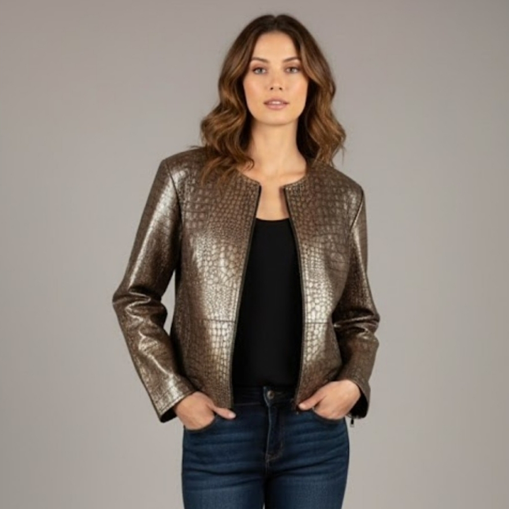 Midnight Velvet Croc-Like Style Gold/Black Leather Jacket...Free Gift